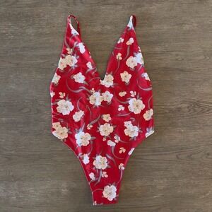 Show Me Your Mumu One Piece Red Floral Swimsuit-Deep V Plunge & High Cut Leg-Med